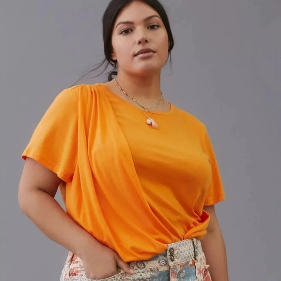 Anthropologie Bright Orange Criss Cross Draped Cotton Short Sleeve Top Size Med - Picture 2 of 3